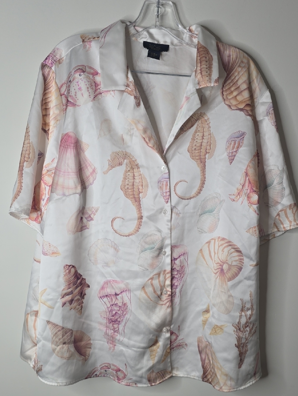 Seashell & Seahorse Print Button-Up Shirt - White with Pastel Shells Plus Size